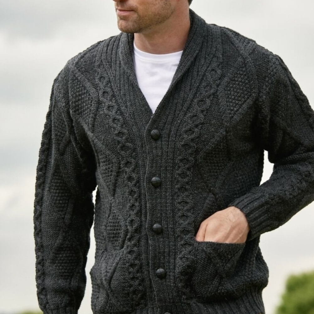 Aran Crafts Men's Charcoal Cable Knit Cardigan